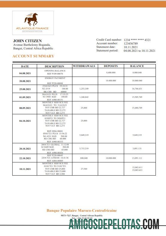 em branco República Centro-Africana Banque Populaire Maroco Centrafricaine Modelo de extrato bancário em formato Word e PDF